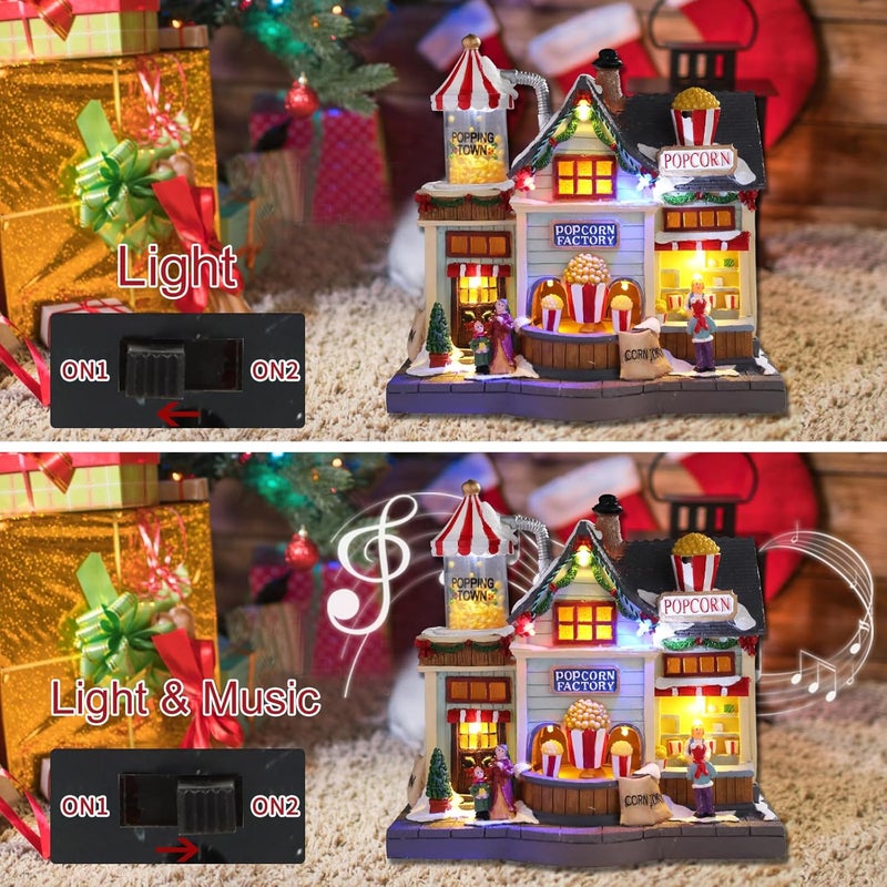 CHONSUN Christmas Village 8.7 Inch Popcorn Shop with LED Lights Resin Village Houses Holiday Music with USB/3AA Batteries Rendering Atmosphere Christmas Decorations - Image 4